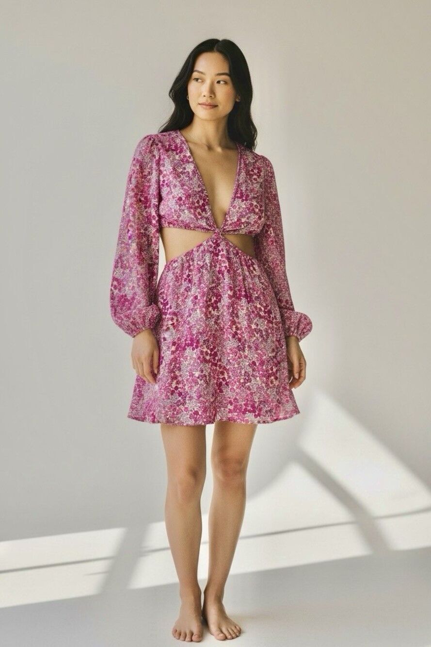 Sky to Moon Pink Floral Cutout Mini Dress Long Sleeve Open Front Size L NWOT